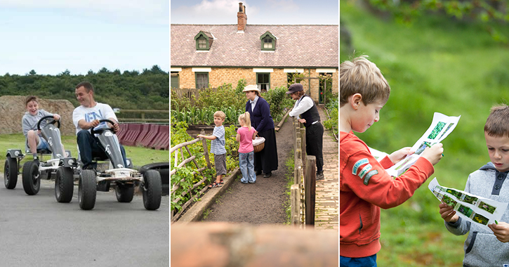 man and boy driving go-karts, adults and children in garden at Beamish Museum and children looking at a map